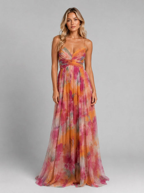 Ada | Damen Blumen-Maxikleid mit V-Ausschnitt, fließende Silhouette Abendkleid | Nomadnts | Orange