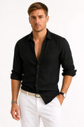 Adam | Herren Leinen-Oxfordhemd mit hochgekrempelten Ärmeln, Button-Down-Freizeithemd | Nomadnts | Black