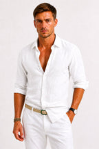 Adam | Herren Leinen-Oxfordhemd mit hochgekrempelten Ärmeln, Button-Down-Freizeithemd | Nomadnts | White