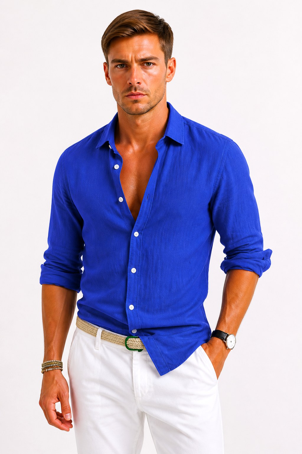 Adam | Herren Leinen-Oxfordhemd mit hochgekrempelten Ärmeln, Button-Down-Freizeithemd | Nomadnts | Beige
