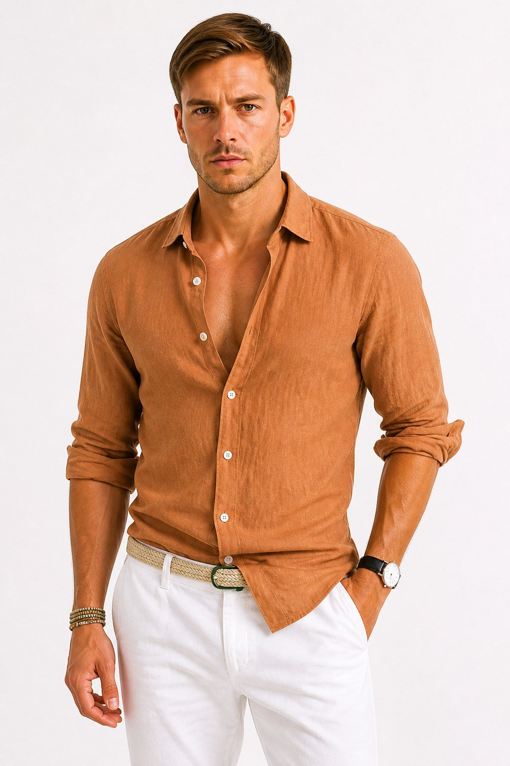 Adam | Herren Leinen-Oxfordhemd mit hochgekrempelten Ärmeln, Button-Down-Freizeithemd | Nomadnts | Brown