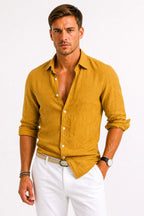 Adam | Herren Leinen-Oxfordhemd mit hochgekrempelten Ärmeln, Button-Down-Freizeithemd | Nomadnts | Mustard
