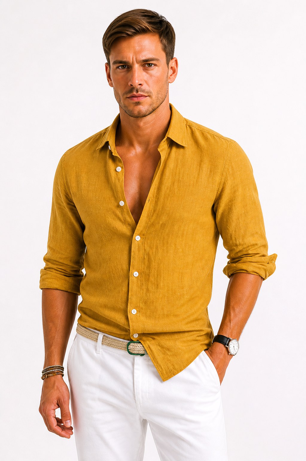 Adam | Herren Leinen-Oxfordhemd mit hochgekrempelten Ärmeln, Button-Down-Freizeithemd | Nomadnts | Mustard