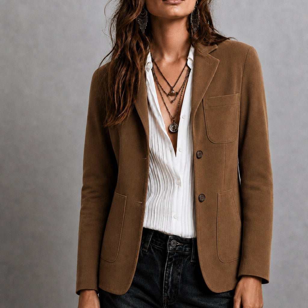 Amandine | Damen Wildleder-Blazer mit Reverskragen, Jacke mit aufgesetzten Taschen | Nomadnts | Brown