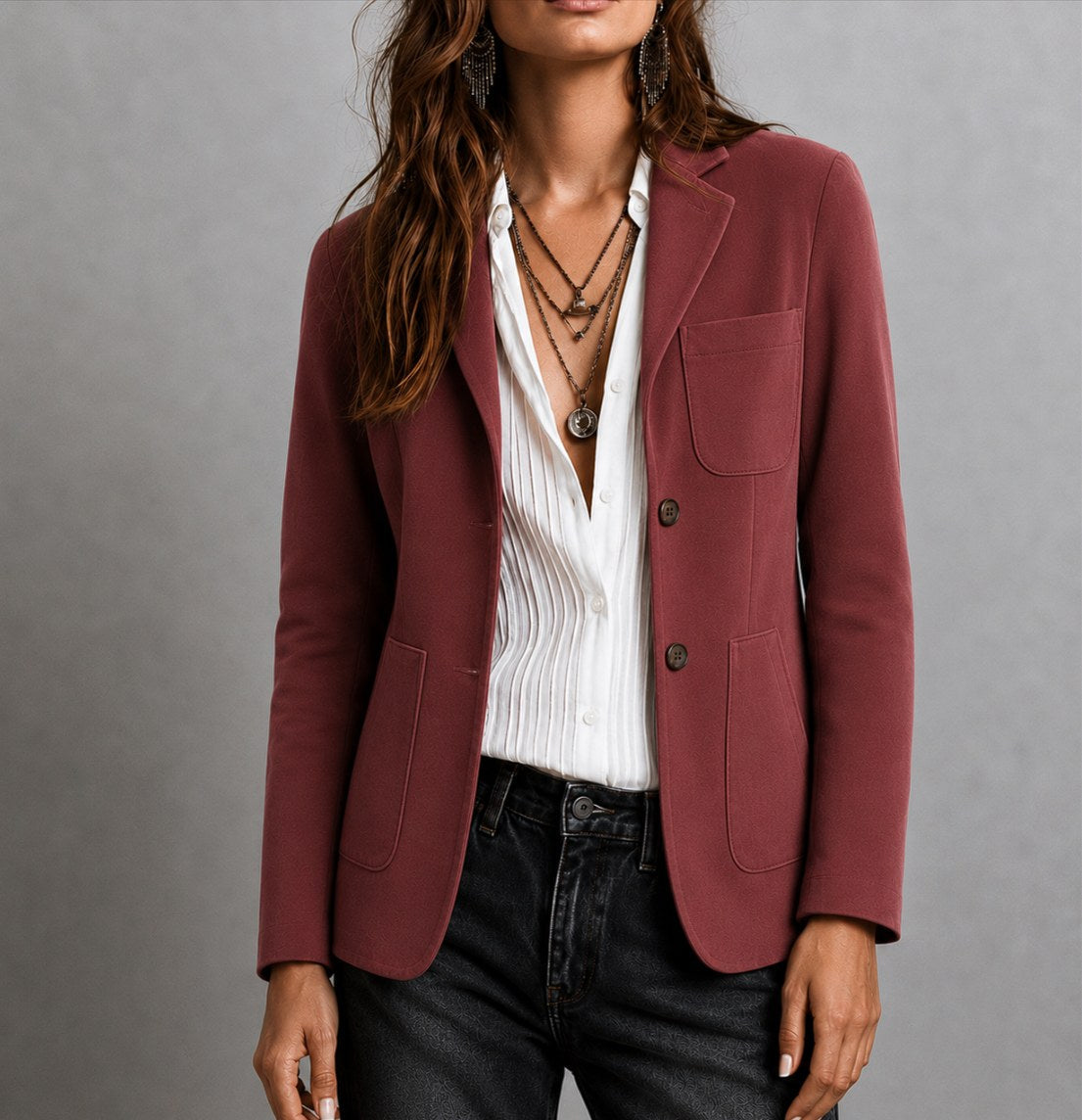 Amandine | Damen Wildleder-Blazer mit Reverskragen, Jacke mit aufgesetzten Taschen | Nomadnts | Red