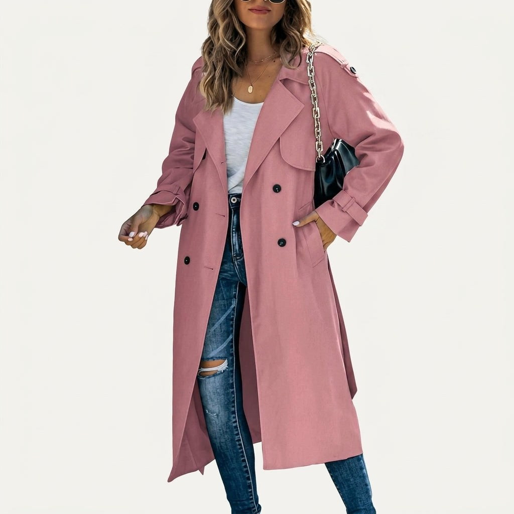 Anouk | Damen langer Trenchcoat, klassischer zweireihiger Mantel | Nomadnts | Nomadnts