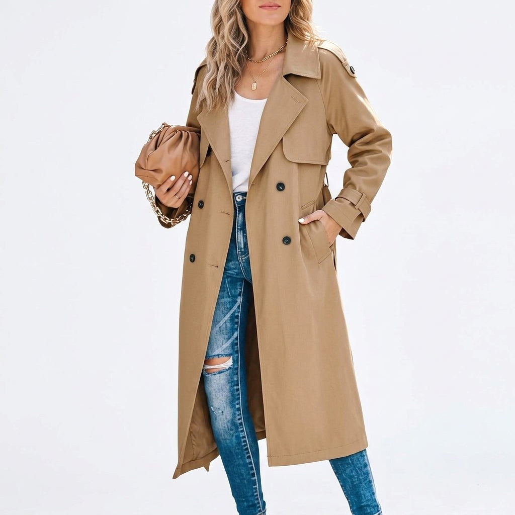 Anouk | Damen langer Trenchcoat, klassischer zweireihiger Mantel | Nomadnts | Nomadnts