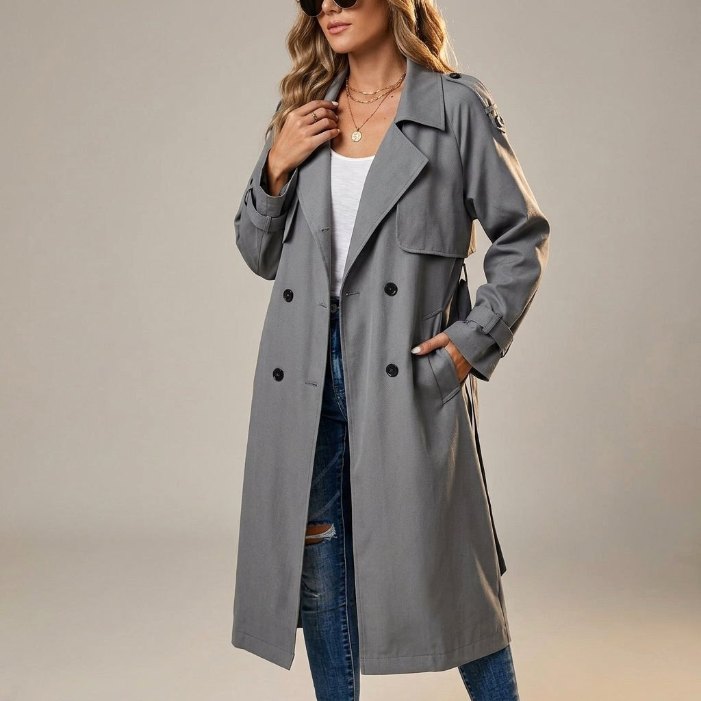 Anouk | Damen langer Trenchcoat, klassischer zweireihiger Mantel | Nomadnts | Nomadnts