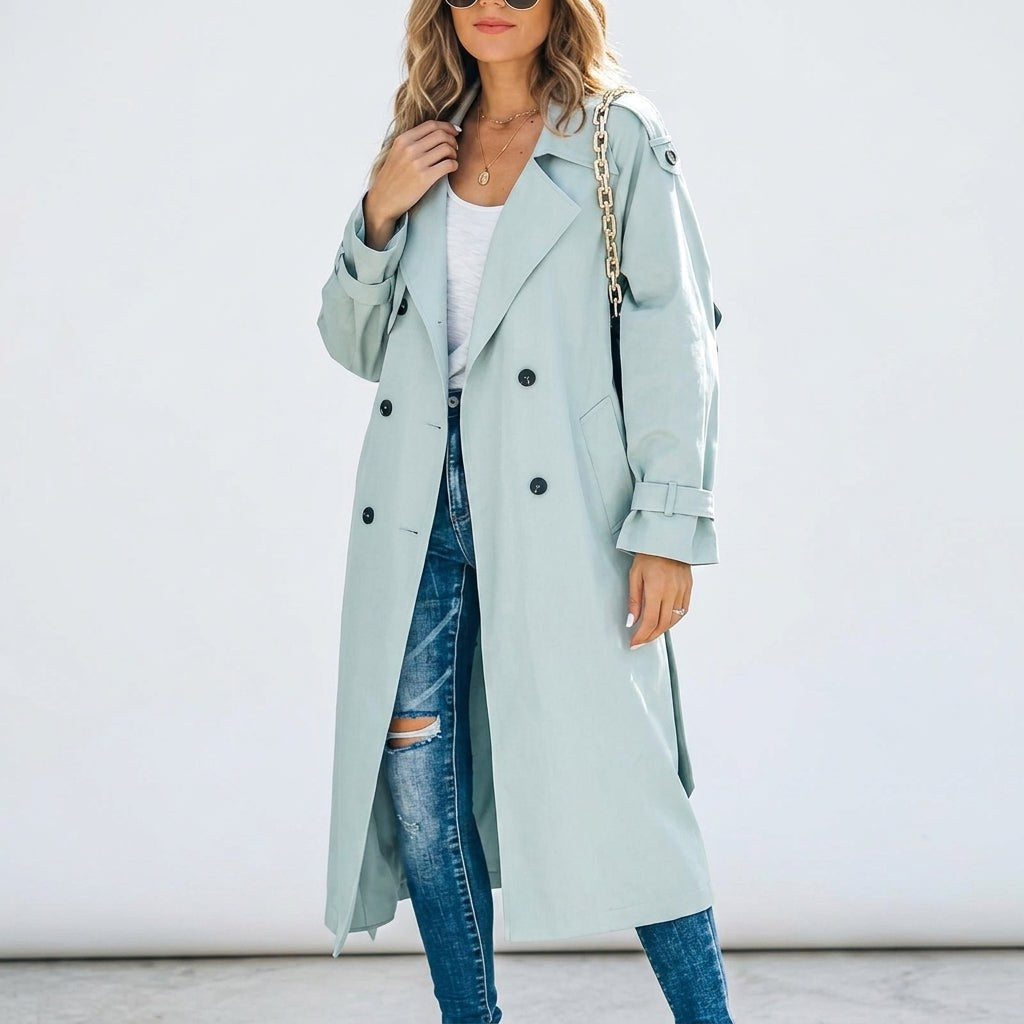Anouk | Damen langer Trenchcoat, klassischer zweireihiger Mantel | Nomadnts | Nomadnts