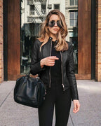 Arabella | Damen tailliert geschnittene Lederjacke mit Reißverschluss, klassische Lederjacke | Nomadnts | Schwarz