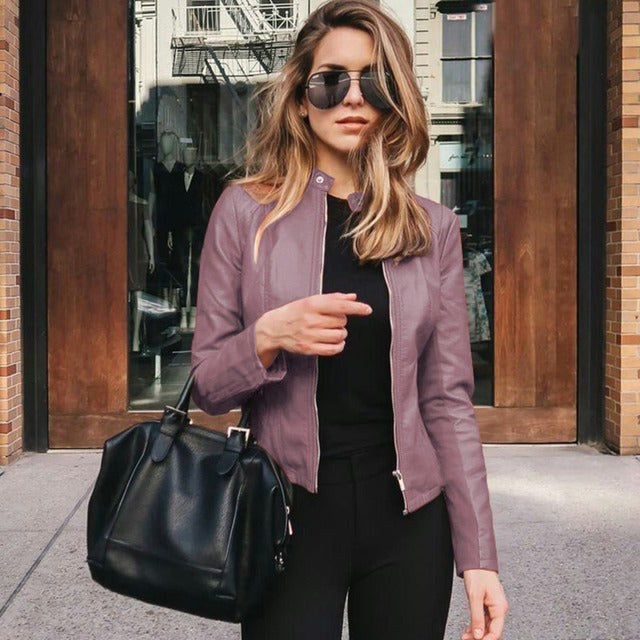Arabella | Damen tailliert geschnittene Lederjacke mit Reißverschluss, klassische Lederjacke | Nomadnts | Lila