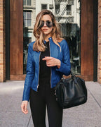 Arabella | Damen tailliert geschnittene Lederjacke mit Reißverschluss, klassische Lederjacke | Nomadnts | Lichtblauw