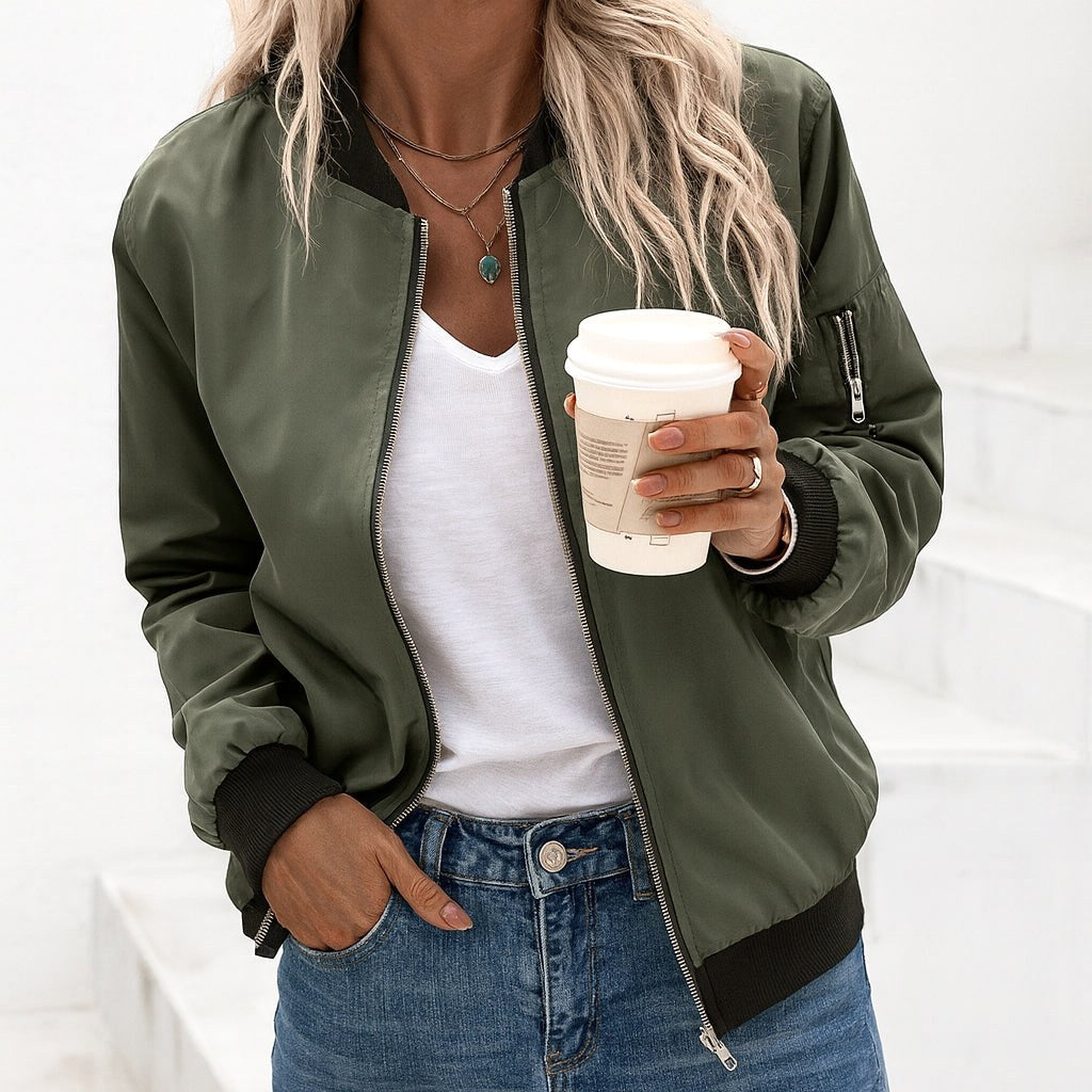 Ariane | Damen klassische Bomberjacke mit Reißverschluss, schlanke leichte Jacke | Nomadnts | Army green