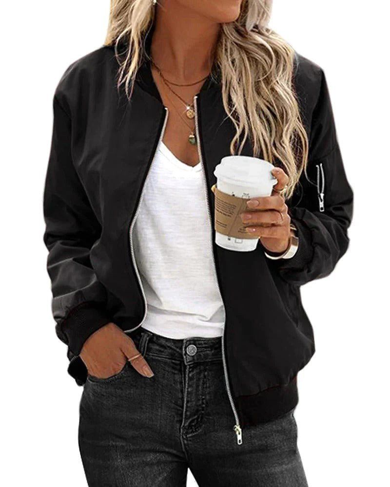 Ariane | Damen klassische Bomberjacke mit Reißverschluss, schlanke leichte Jacke | Nomadnts | Black