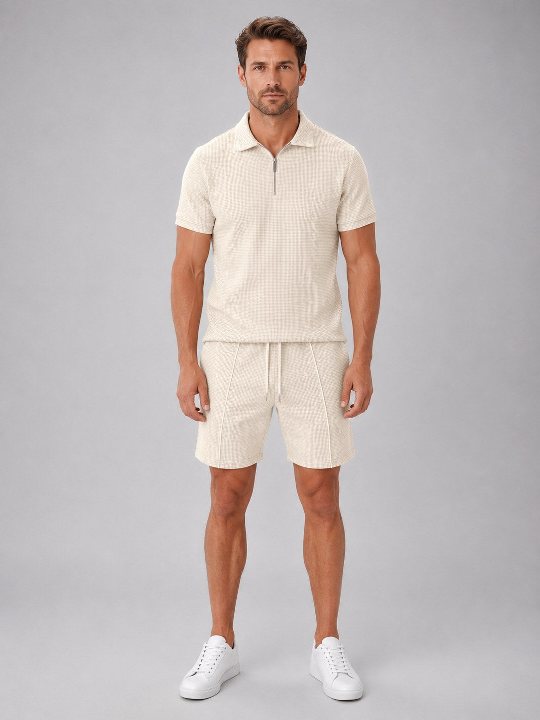 Ashley | Herren Poloshirt-Set mit Reißverschluss und Shorts, lockerer Zweiteiler | Nomadnts | Beige