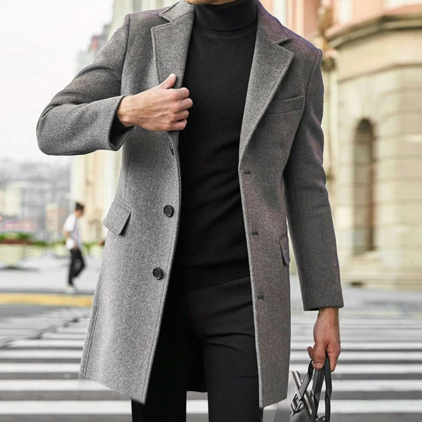 August | Herren Tailierter Wollmischmantel mit Einfachknopfung, Eleganter Wintermantel | Nomad NTS | Black