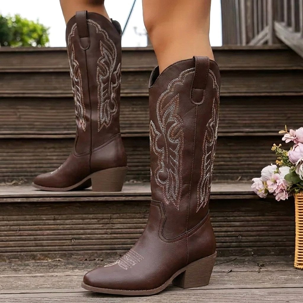 Aurelia | Damen kniehohe Cowgirl-Stiefel mit Stickerei, Western-Stiefel mit Blockabsatz | Nomadnts | Brown