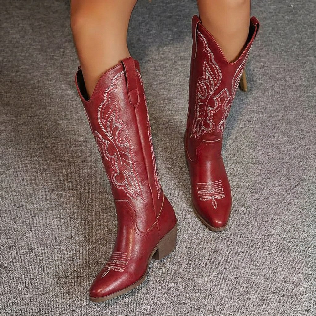 Aurelia | Damen kniehohe Cowgirl-Stiefel mit Stickerei, Western-Stiefel mit Blockabsatz | Nomadnts | Nomadnts