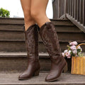 Aurelia | Damen kniehohe Cowgirl-Stiefel mit Stickerei, Western-Stiefel mit Blockabsatz | Nomadnts | Beige