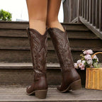 Aurelia | Damen kniehohe Cowgirl-Stiefel mit Stickerei, Western-Stiefel mit Blockabsatz | Nomadnts | Black