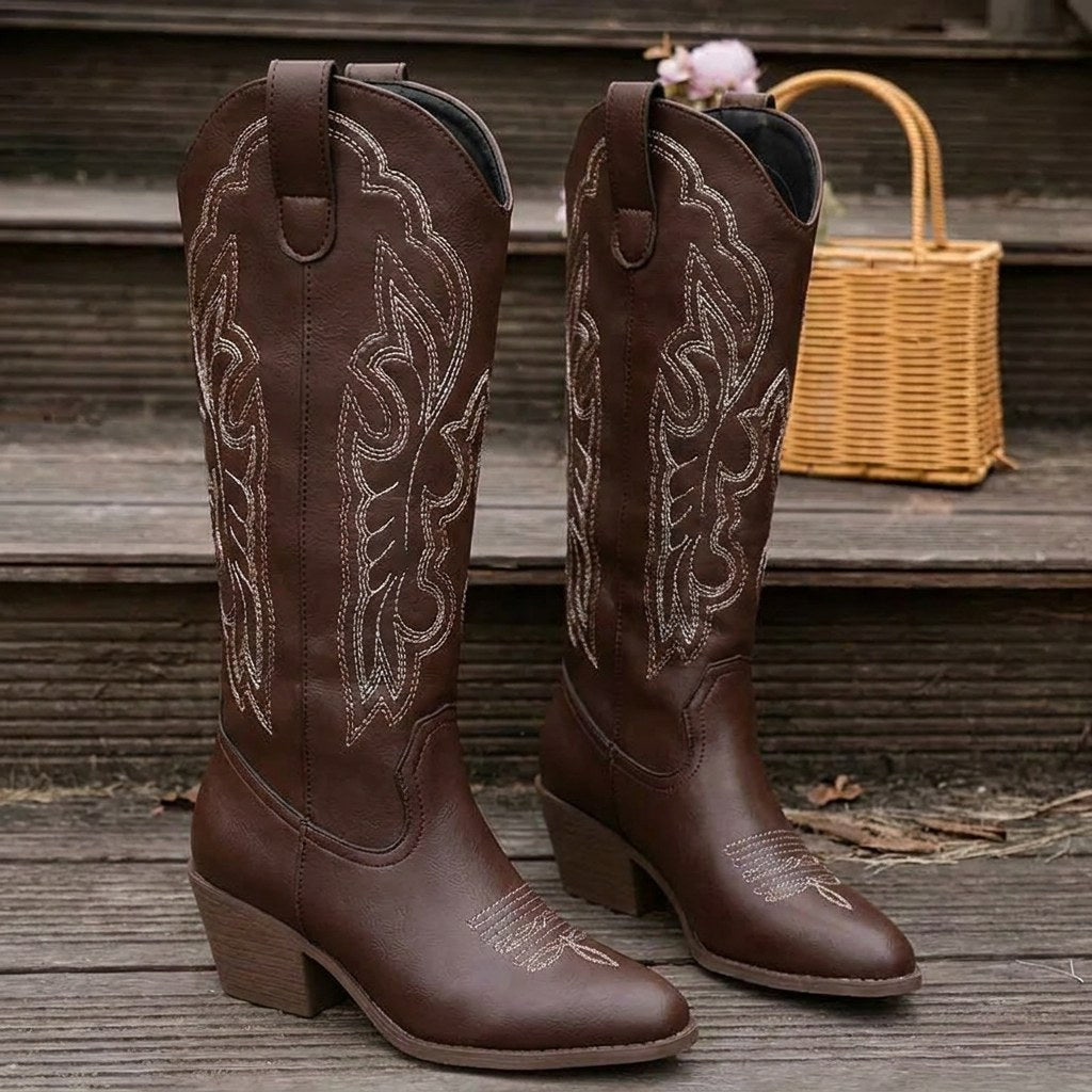 Aurelia | Damen kniehohe Cowgirl-Stiefel mit Stickerei, Western-Stiefel mit Blockabsatz | Nomadnts | Nomadnts