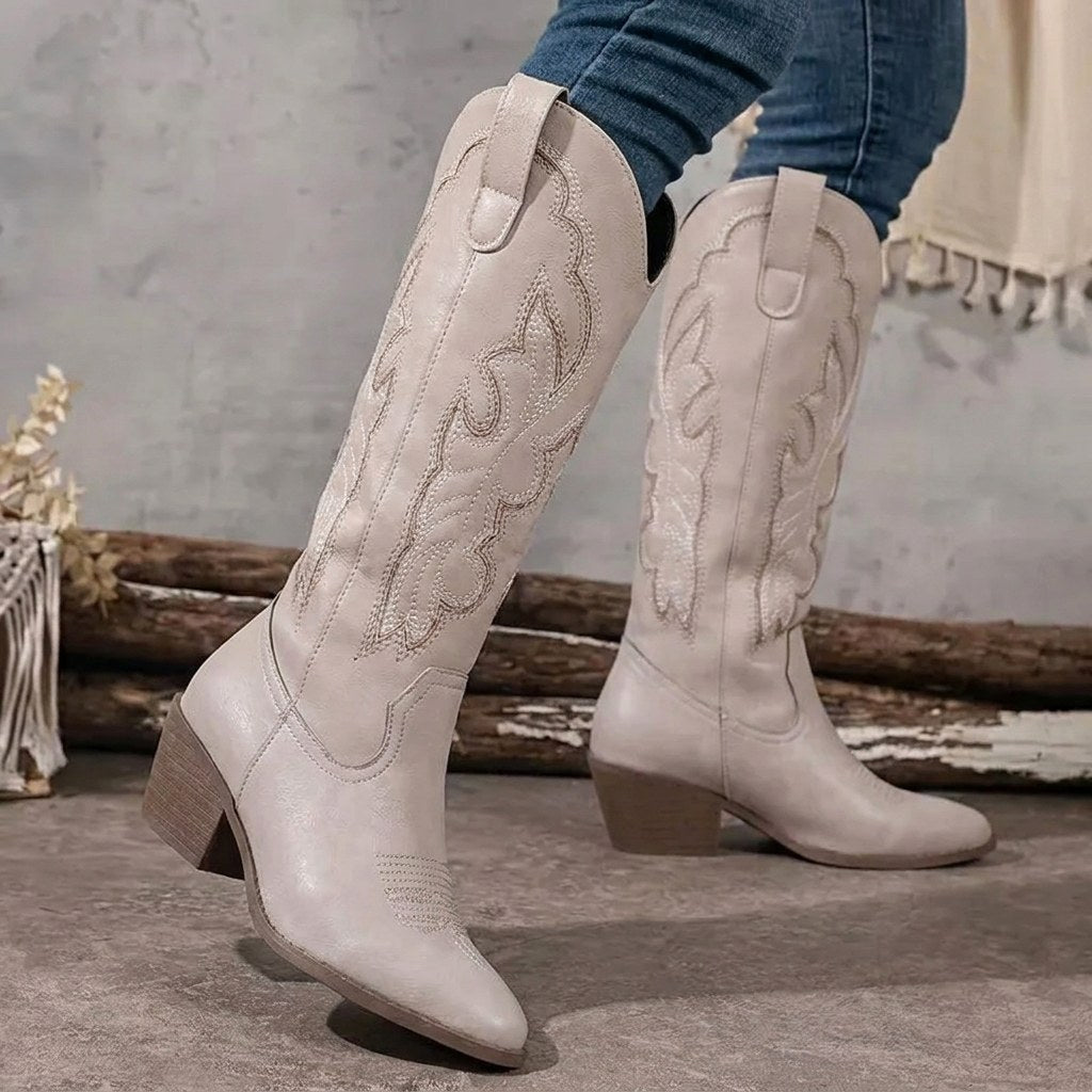 Aurelia | Damen kniehohe Cowgirl-Stiefel mit Stickerei, Western-Stiefel mit Blockabsatz | Nomadnts | Nomadnts