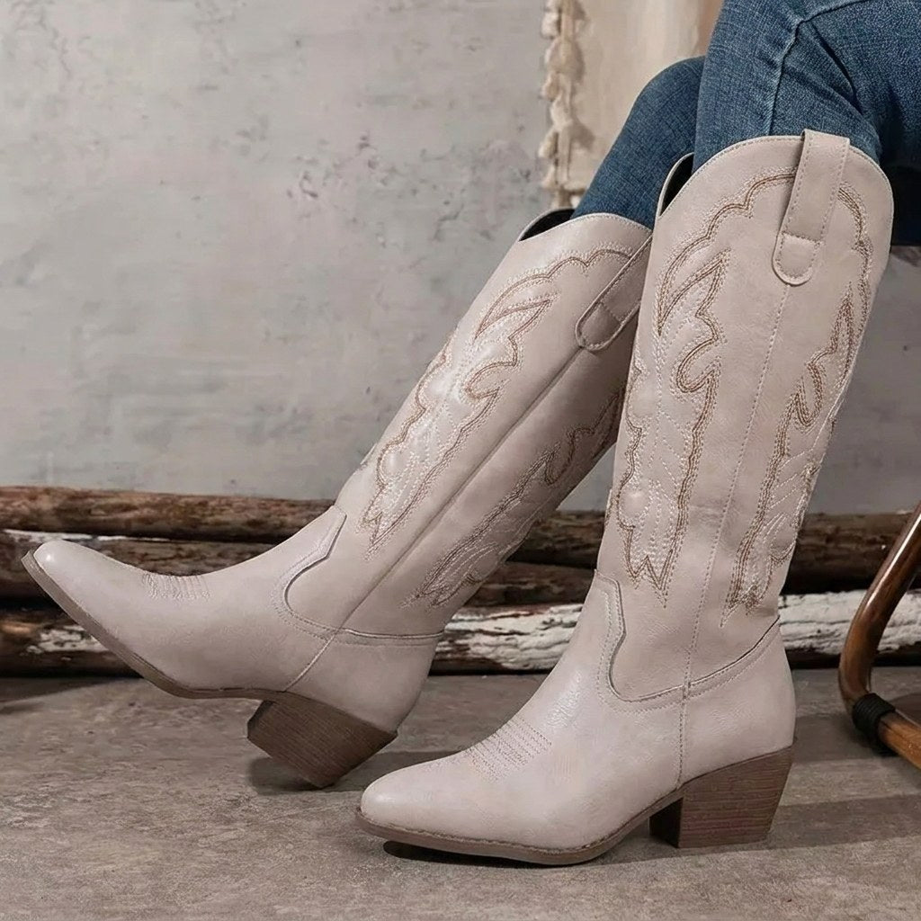 Aurelia | Damen kniehohe Cowgirl-Stiefel mit Stickerei, Western-Stiefel mit Blockabsatz | Nomadnts | Nomadnts