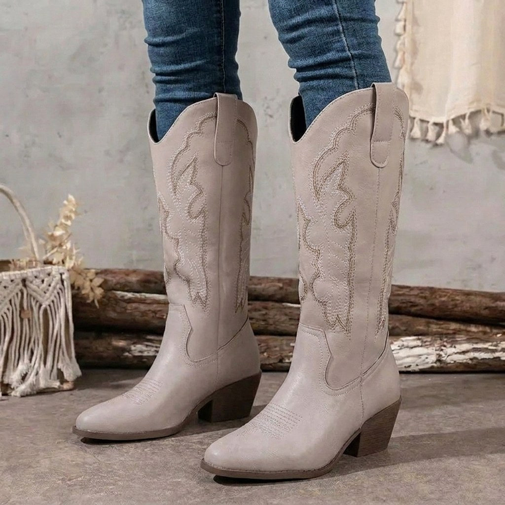 Aurelia | Damen kniehohe Cowgirl-Stiefel mit Stickerei, Western-Stiefel mit Blockabsatz | Nomadnts | Nomadnts