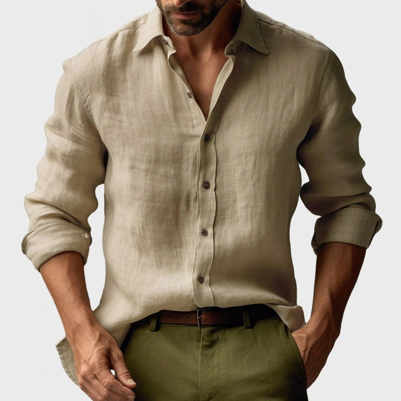Benjamin | Herren Leinenhemd mit Button-Down-Kragen, langärmeliges Freizeithemd | Nomadnts | Khaki