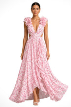 Bernadette | Damen Blumen-Maxikleid mit V-Ausschnitt und Rüschenschultern, Kleid für Hochzeitsgäste | Nomadnts | Pink