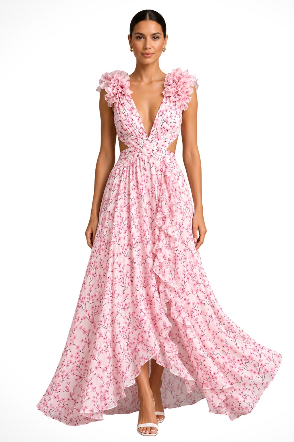 Bernadette | Damen Blumen-Maxikleid mit V-Ausschnitt und Rüschenschultern, Kleid für Hochzeitsgäste | Nomadnts | Pink