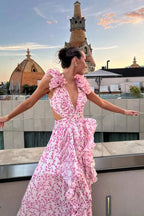 Bernadette | Damen Blumen-Maxikleid mit V-Ausschnitt und Rüschenschultern, Kleid für Hochzeitsgäste | Nomadnts | Nomadnts