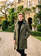 Cameron | Herren-Trenchcoat mit Kapuze, mittellanger Herbstmantel mit Struktur | Nomadnts | Olivgrün