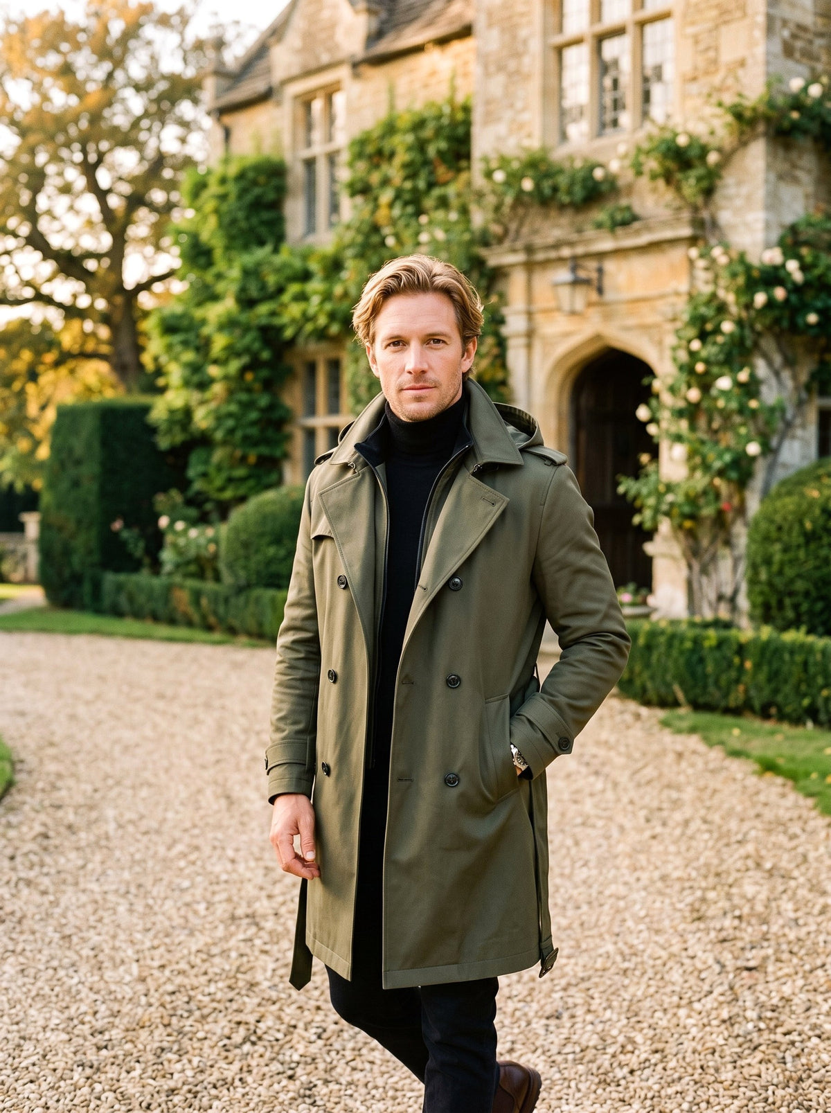 Cameron | Herren-Trenchcoat mit Kapuze, mittellanger Herbstmantel mit Struktur | Nomadnts | Olivgrün