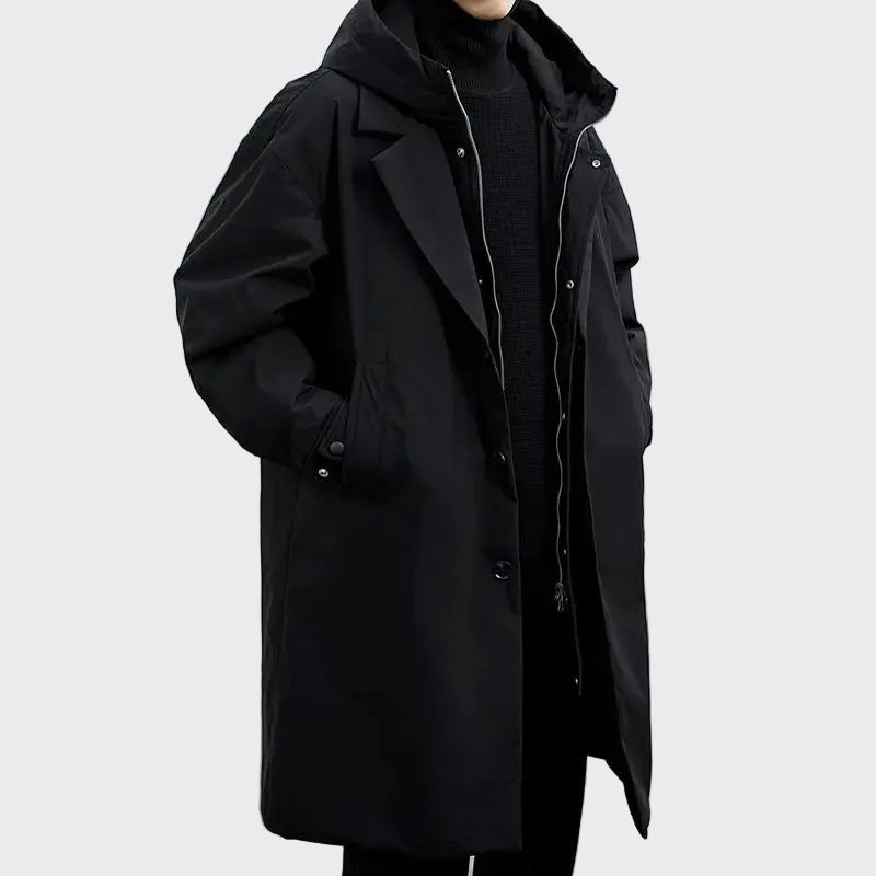 Cameron | Herren-Trenchcoat mit Kapuze, mittellanger Herbstmantel mit Struktur | Nomadnts | Onyx-Schwarz