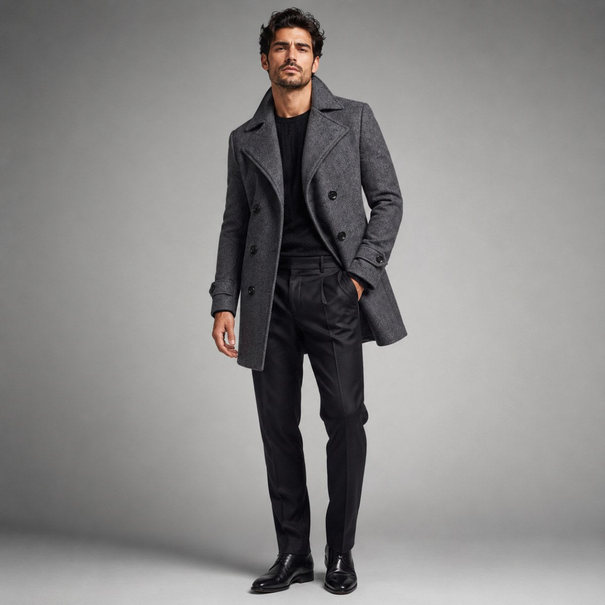 Carson | Zweireihiger Woll-Trenchcoat für Herren, langer, taillierter Mantel | Nomadnts | Schwarz