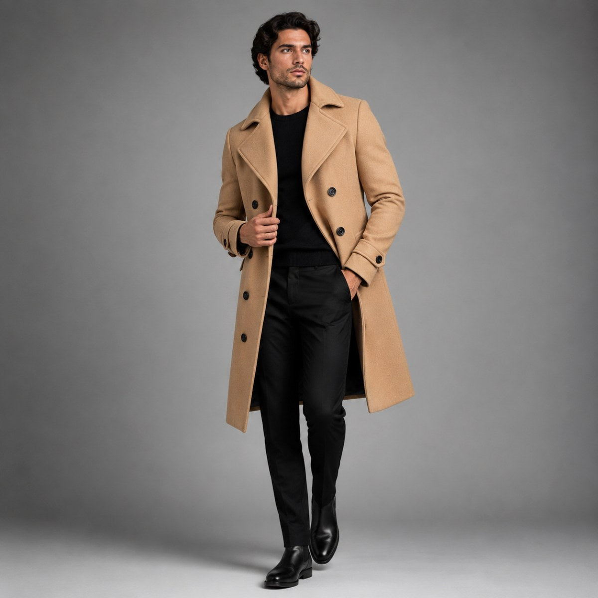 Carson | Zweireihiger Woll-Trenchcoat für Herren, langer, taillierter Mantel | Nomadnts
