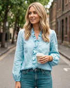 Celeste | Damen Bluse mit Rüschen-V-Ausschnitt, langärmelige legere Bluse | Nomadnts | Pink