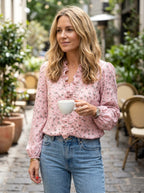 Celeste | Damen Bluse mit Rüschen-V-Ausschnitt, langärmelige legere Bluse | Nomadnts | White