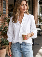 Celeste | Damen Bluse mit Rüschen-V-Ausschnitt, langärmelige legere Bluse | Nomadnts | Nomadnts