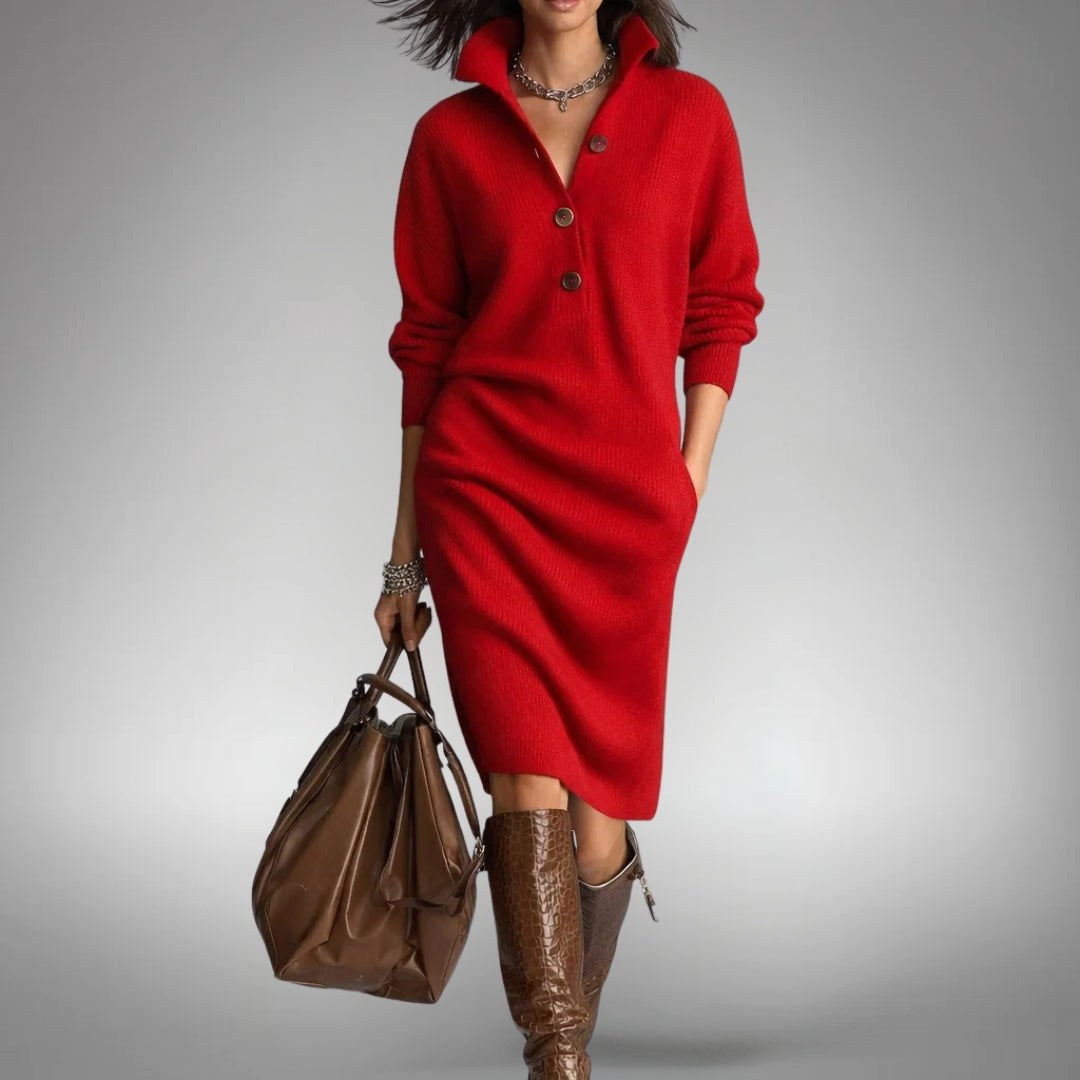 Celine | Damen Wollmix-Strick-Polokleid, Midikleid mit Viertel-Knopfleiste | Nomadnts | Nomadnts