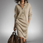 Celine | Damen Wollmix-Strick-Polokleid, Midikleid mit Viertel-Knopfleiste | Nomadnts | Nomadnts
