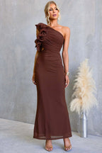 Claudine | Damen One-Shoulder-Maxikleid mit Rüschendetail, eng anliegendes Abendkleid | Nomadnts | Burgundy
