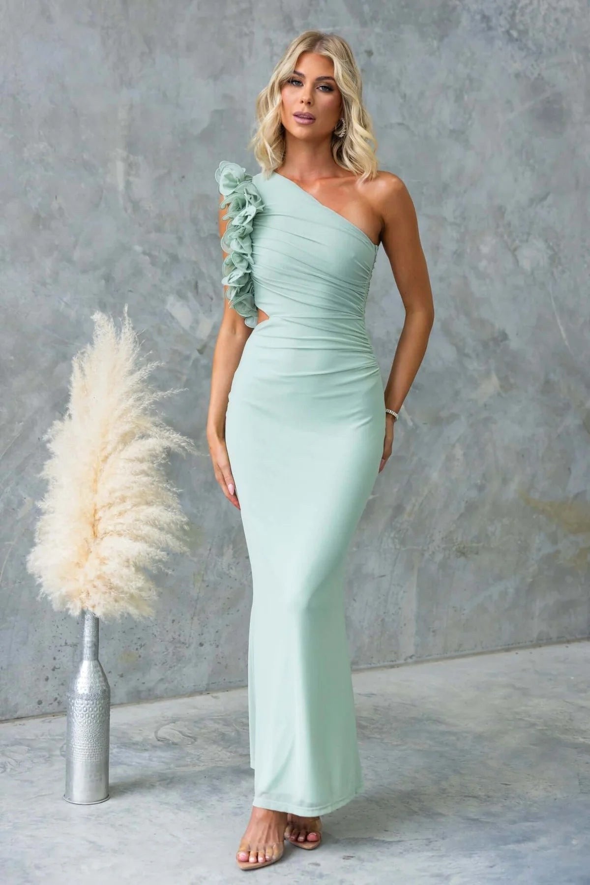 Claudine | Damen One-Shoulder-Maxikleid mit Rüschendetail, eng anliegendes Abendkleid | Nomadnts | Nomadnts