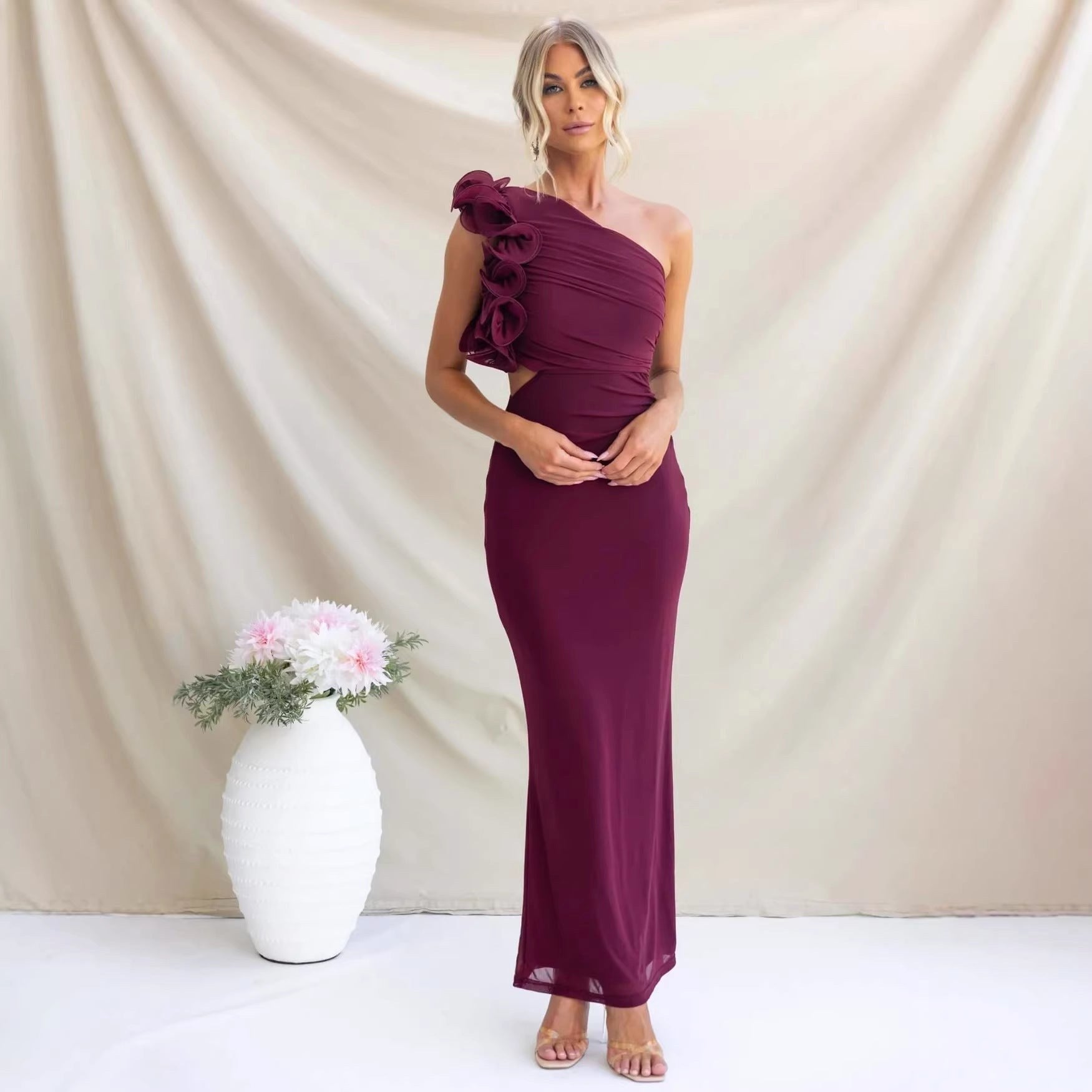 Claudine | Damen One-Shoulder-Maxikleid mit Rüschendetail, eng anliegendes Abendkleid | Nomadnts | Black