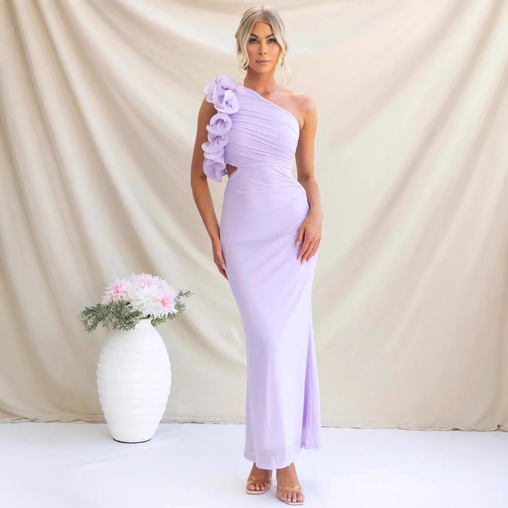 Claudine | Damen One-Shoulder-Maxikleid mit Rüschendetail, eng anliegendes Abendkleid | Nomadnts | Sky Blue
