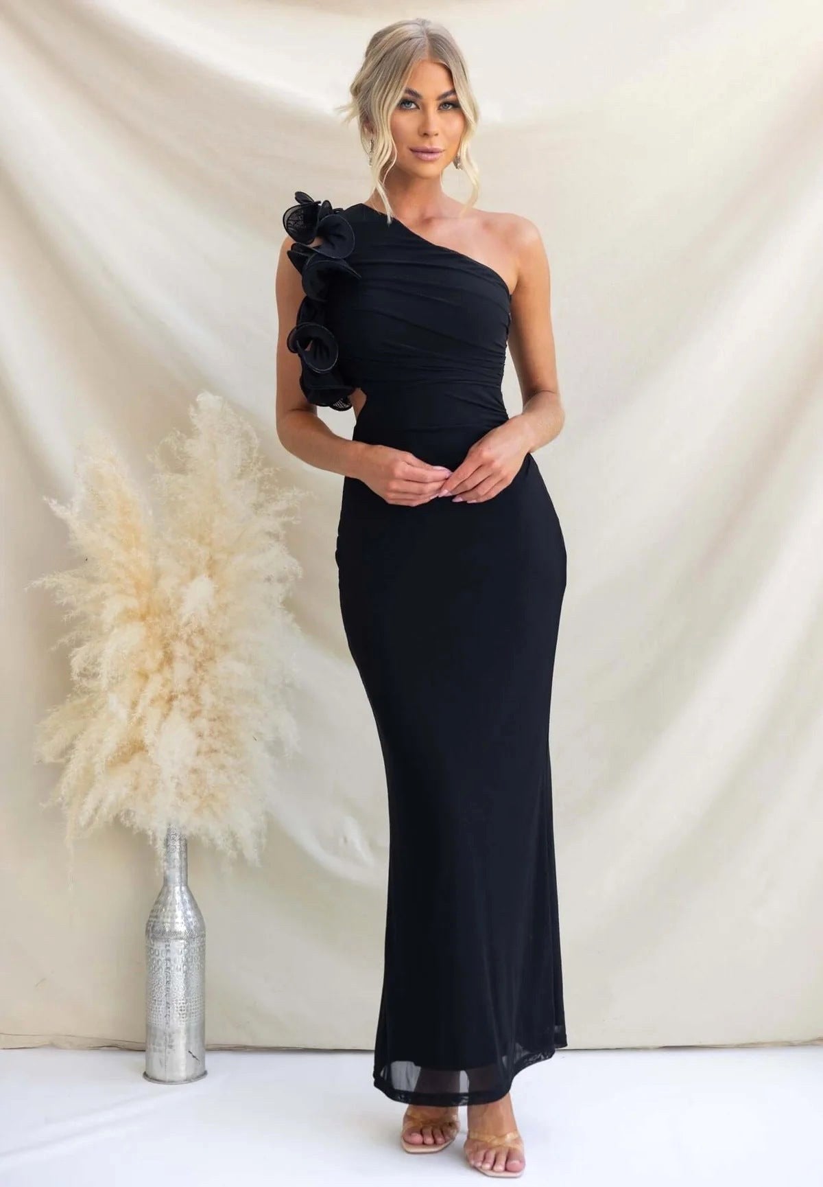 Claudine | Damen One-Shoulder-Maxikleid mit Rüschendetail, eng anliegendes Abendkleid | Nomadnts | Red
