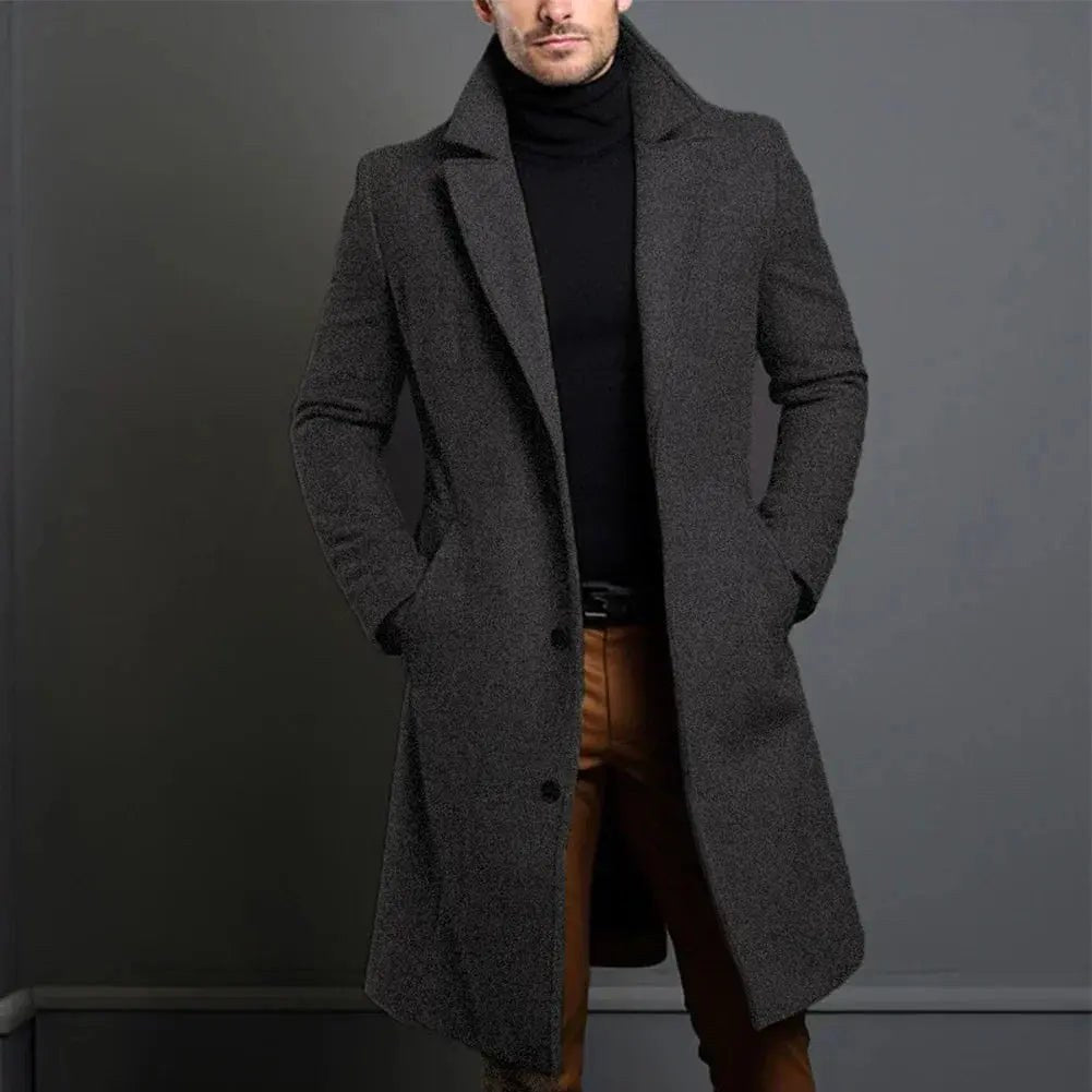 Cole | Herren schmal geschnittener langer Übermantel, tailliert geschnittener Herbstmantel | Nomadnts | Black