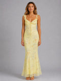 Connie | Damen Blumen-Maxikleid mit Volant-Trägern, Kleid für Hochzeitsgäste | Nomadnts | Yellow