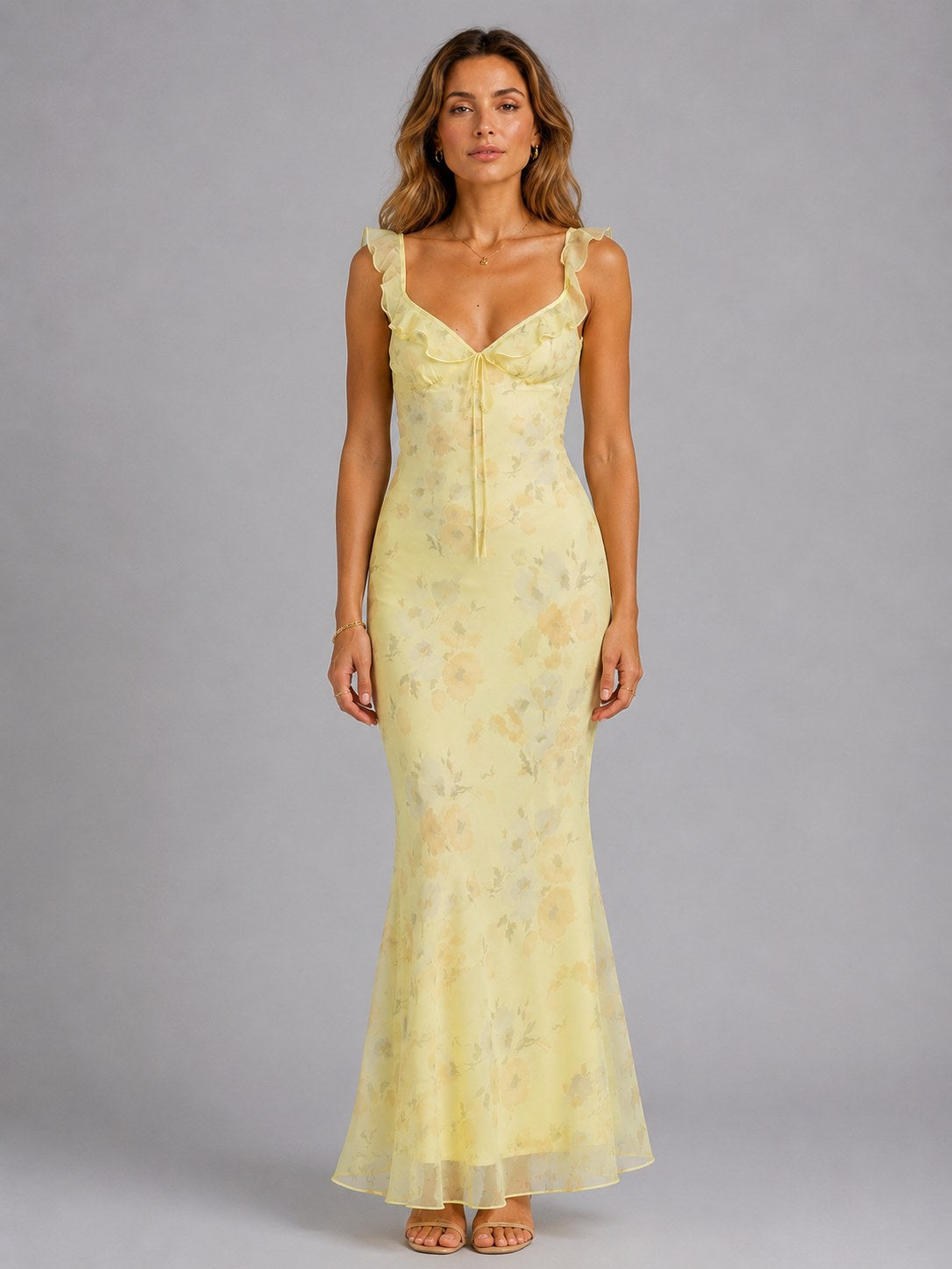 Connie | Damen Blumen-Maxikleid mit Volant-Trägern, Kleid für Hochzeitsgäste | Nomadnts | Yellow